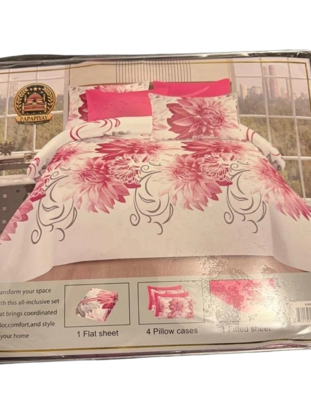 Papaplyay Floral Pink and White Bedding Set - 5 Piece